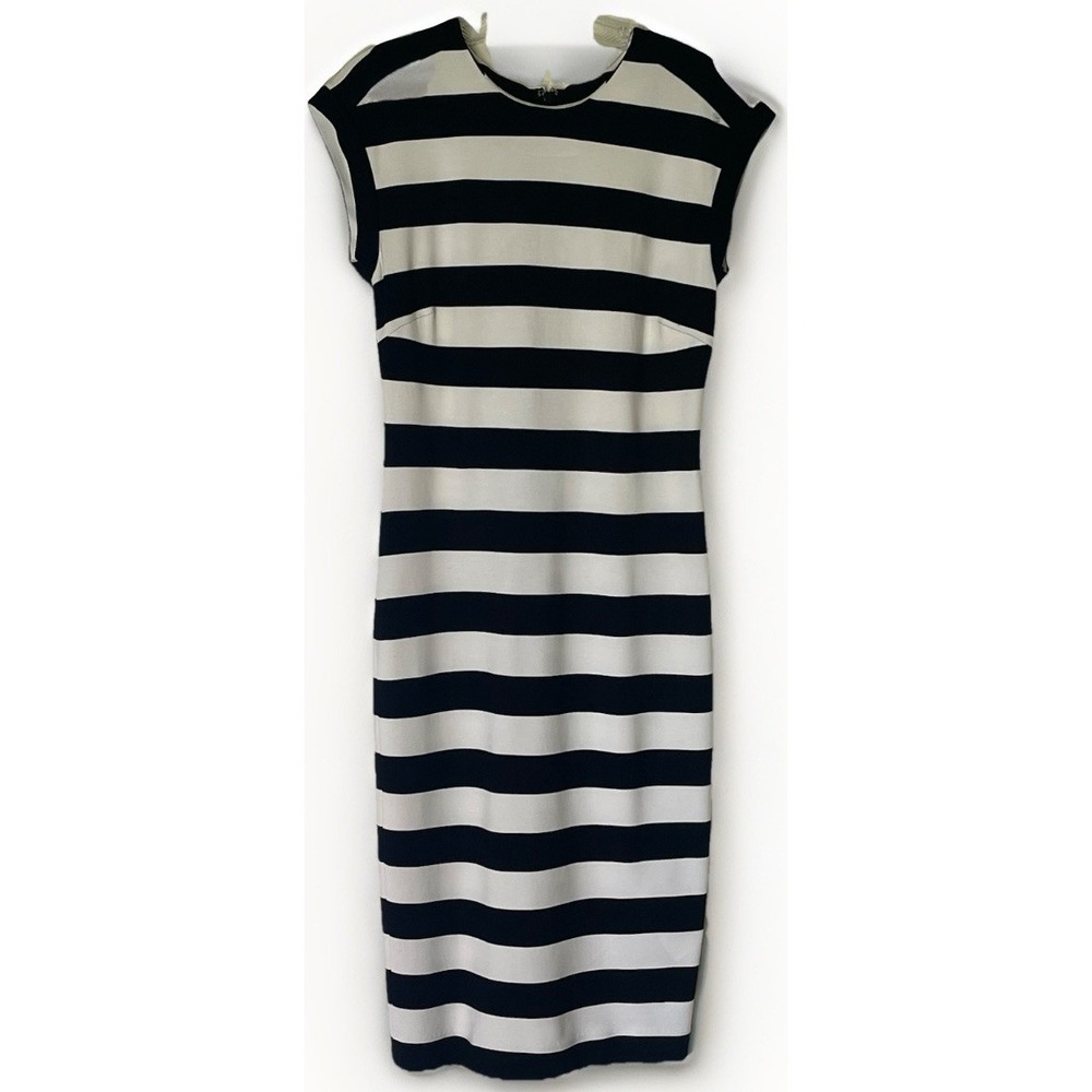 Banana Republic Dress Womens 6 Black White Striped Sheath Midi Sleeveless Career